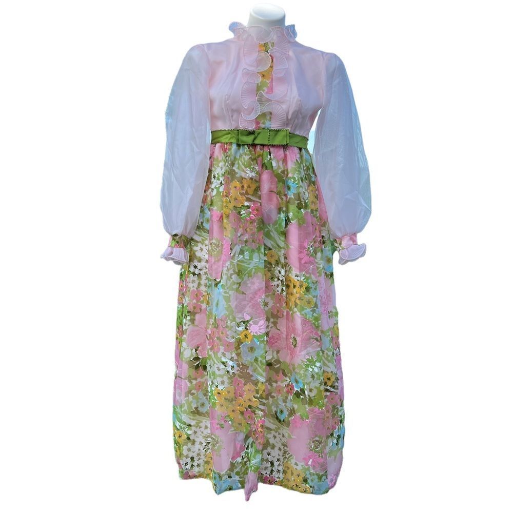 Sylvia Ann Vintage Floral Print Long Sheer Sleeve Maxi Dress Size 6